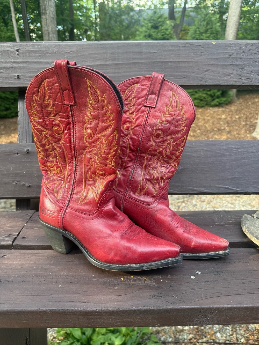 Laredo Red Leather Western Cowboy Boots with Yellow Stitching